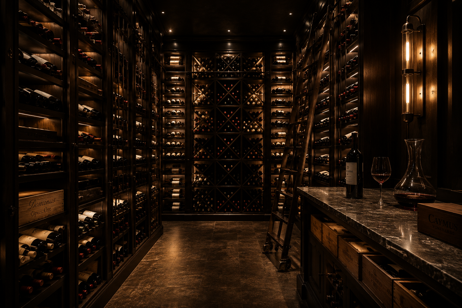 The private cellar dining room at Iron & Ash, lined floor-to-ceiling with bottles
