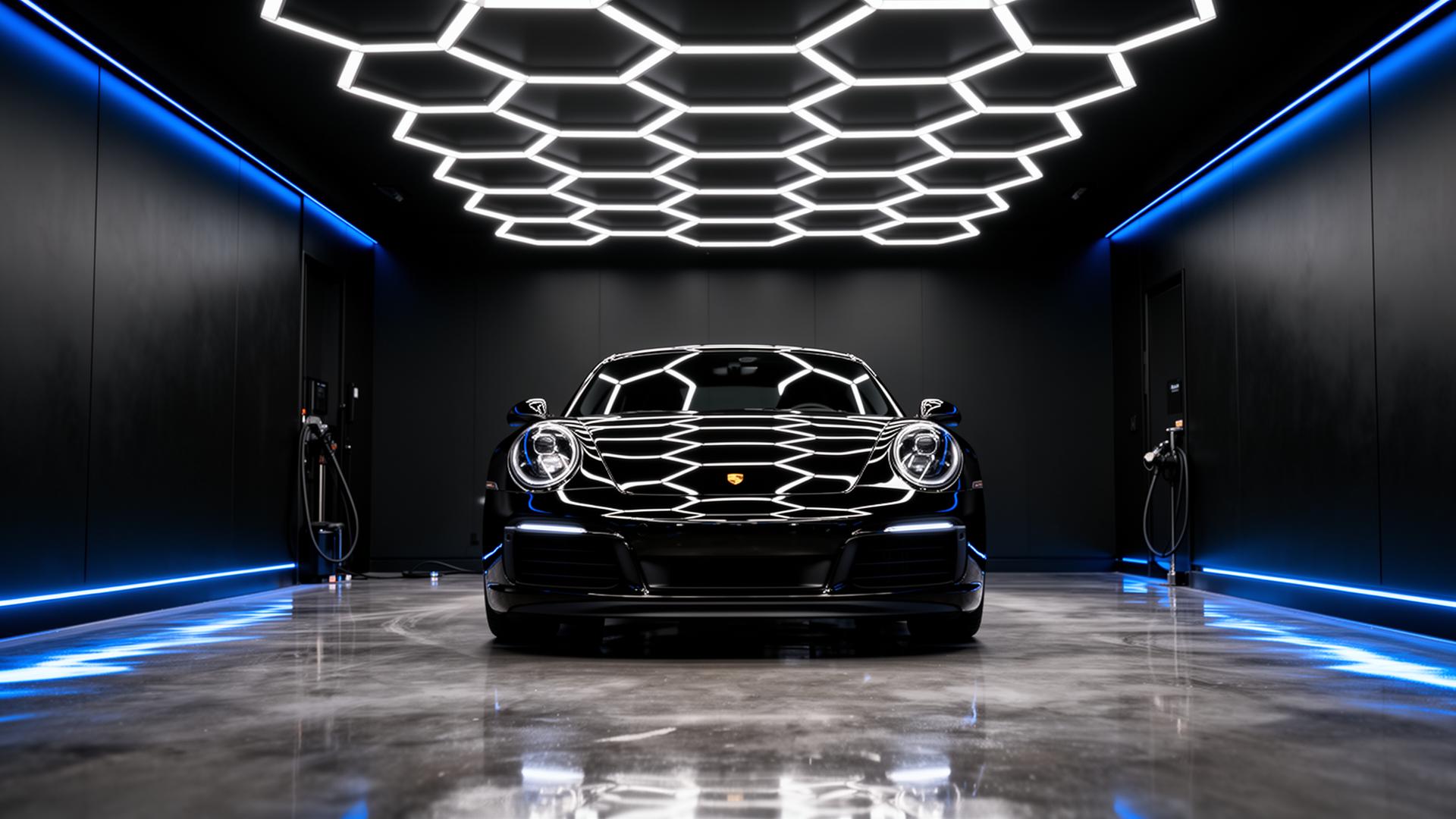Black Porsche under hexagonal LED lighting in Obsidian Auto Spa detailing studio