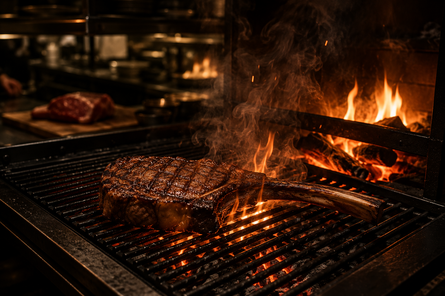 A bone-in tomahawk searing over hardwood embers in the Iron & Ash open kitchen
