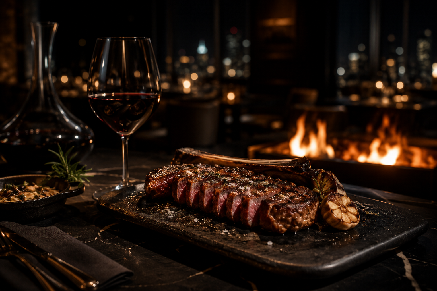Dry-aged bone-in steak served by firelight at Iron & Ash Steakhouse