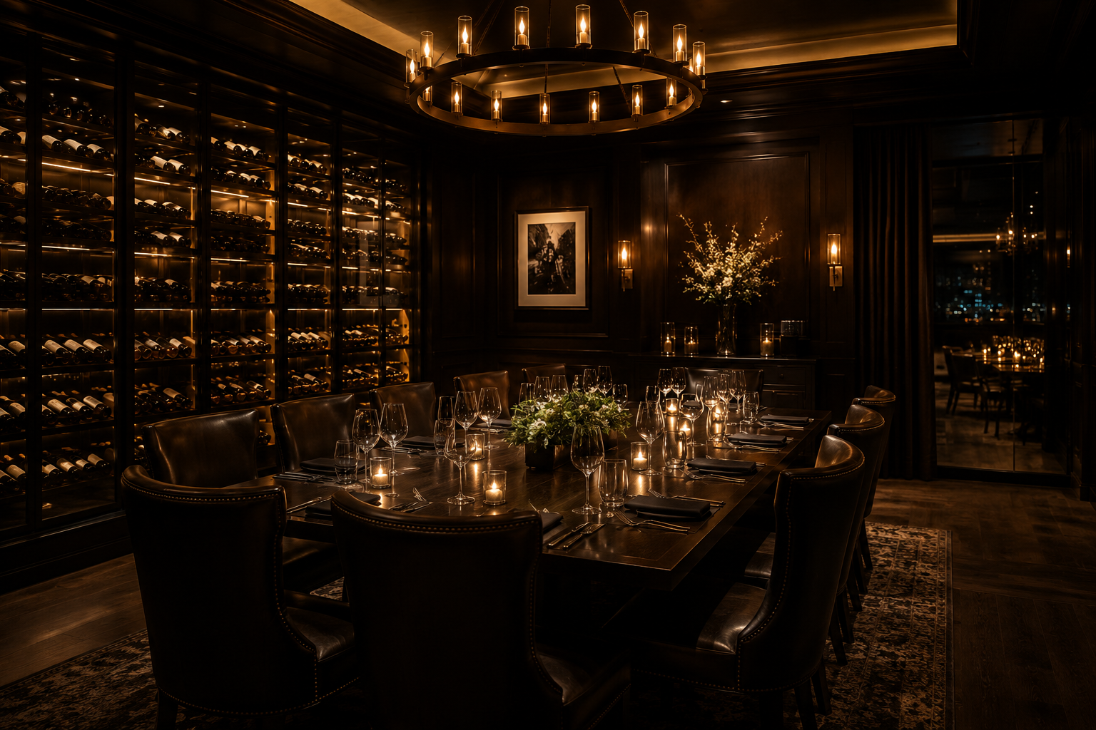 The Iron & Ash dining room — leather banquettes, candlelight, and a glass-walled cellar